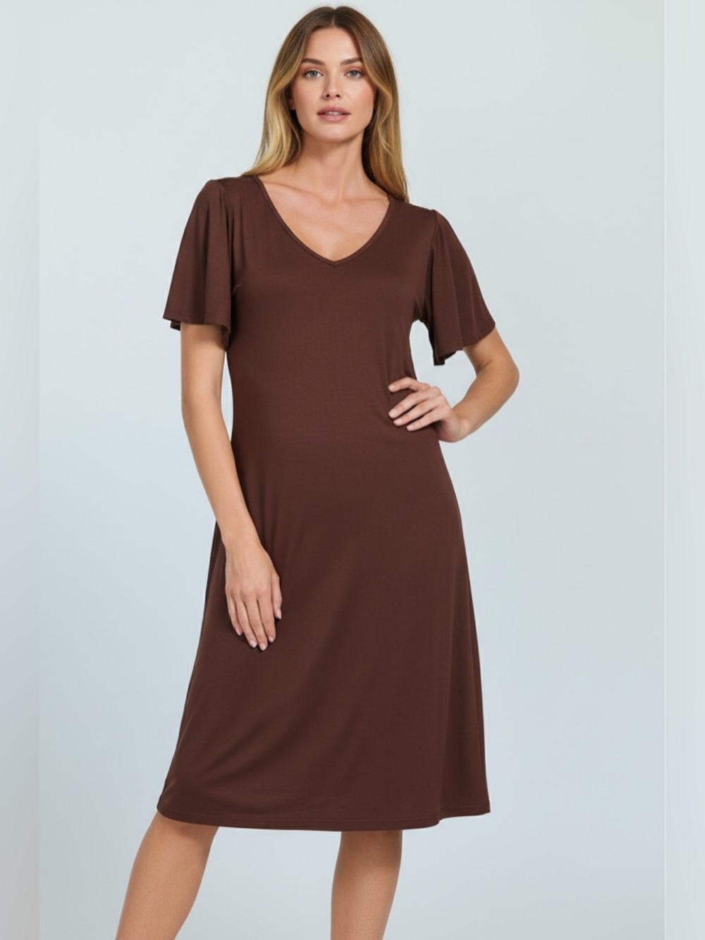 Zenana Outfitters Brown V-Neck Flutter Sleeve Midi Dress